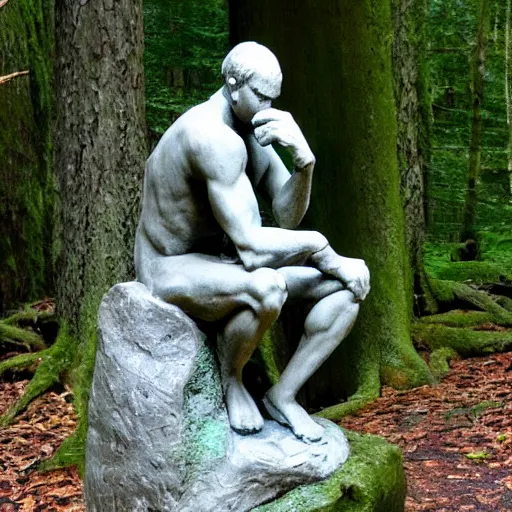 Prompt: The thinker sculpture in the style of William Bartram with mushrooms at the base, slightly buried in the forest