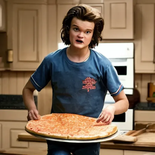 Prompt: a photo of Steve Harrington from stranger things making a pizza while riding a Unicycle, hyperrealistic, 8K