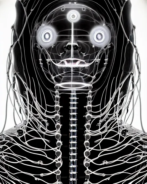 Image similar to black and white young cyborg-human-jellyfish-plant goddess high quality photo, microchip, artificial intelligence, bio-mechanical bio-luminescence, black wired cables, neurons, nerve cells, octane render, cinematic, rim light, hyper realism, photo-realistic, high detail, 8k, masterpiece, high fashion, in the style of H.G. Giger