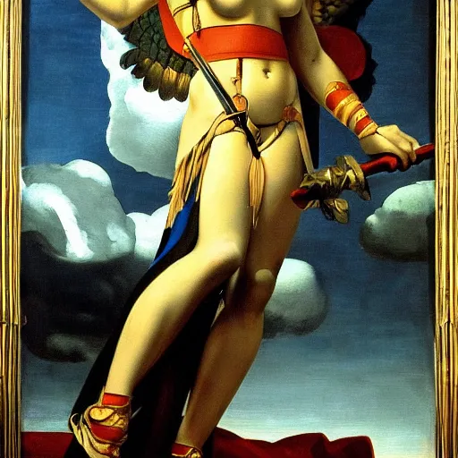 Image similar to very detailed painting of a cinematic still of a powerful beautiful valkyrie, holding a golden sword in her hand, dramatic clouds, painted by michelangelo, the painting is considered the most beautiful in the world