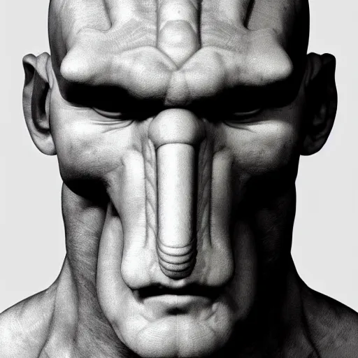 Image similar to portrait photograph of a beautiful handsome perfect handsome squidward with majestic thick curly brown hair and an extremely chiseled jawline with sharp jagged cheekbones and a strong symmetrical facial structure with decently big lips realistic hyperrealistic 4 k resolution 8 k resolution highly detailed very detailed extremely detailed hd quality detailed face very detailed face extremely detailed face trending on artstation