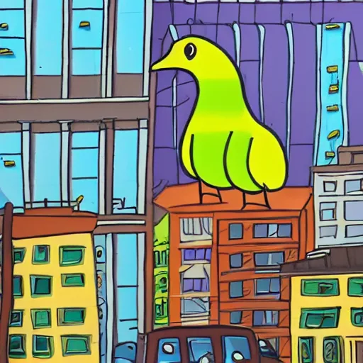 Image similar to giant kiwi bird destroying a city