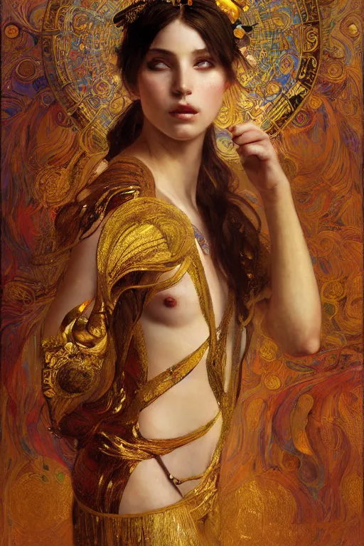 Prompt: an intricate artistic pose painting of a beautiful young girl with an artistic pose with klimt golden motives and textures, hyper detailed, ornamental gold headpiece, octane render, vivid colors, artstation, by jeremy mann, by alphonse mucha, by boris vallejo