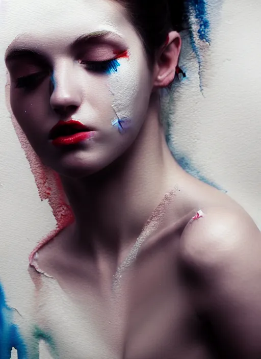 Prompt: brooding beautiful young woman covered in white paint, in the style of irakli nadar, effervescent, warm, dark, watercolor, deep mood, hyperrealism, epic and cinematic,