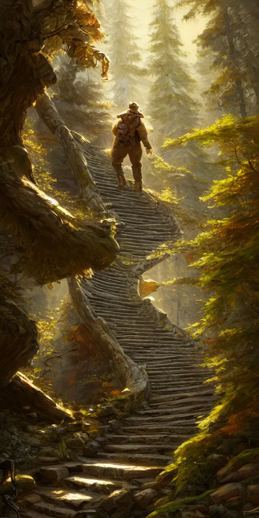 Image similar to a man walking up a steep and winding staircase, in beautiful woods, intricate, elegant, highly detailed, oil painting, artstation, concept art, sharp focus, beautiful illustration, society, by justin gerard and artgerm, 4 k