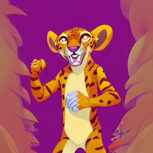 Image similar to don bluth, loish, artgerm, joshua middleton, anthropomorphic cartoon cheetah, wearing a track suit, smiling, symmetrical eyes, symmetrical face, colorful animation forest background