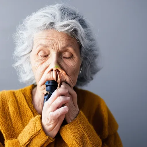 Prompt: an old woman with oxygen line connected to her nose