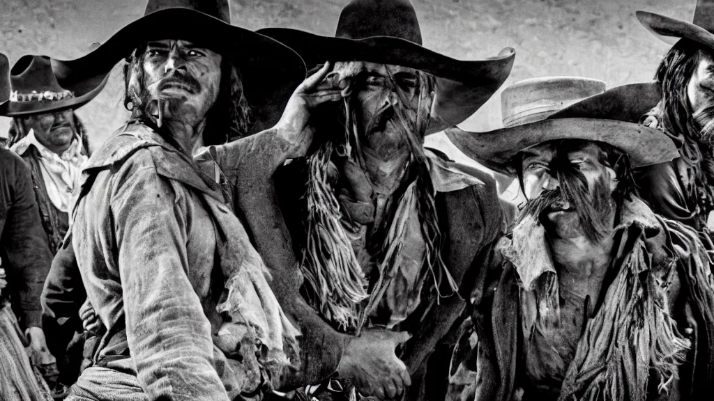 Image similar to a film still from a western movie in mexico, black and white, wide lens,