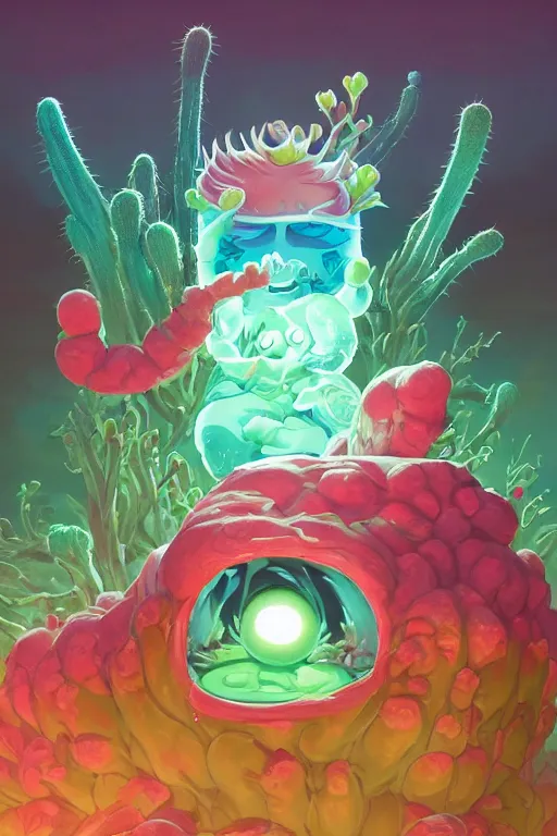 Image similar to roots cactus sushi cristal smurf ghost creature animal sushi cristal very big eye roots cactus elemental flush of force nature micro world fluo fishscale, behance hd by jesper ejsing, by rhads, makoto shinkai and lois van baarle, ilya kuvshinov, rossdraws radiating a glowing aura global illumination ray tracing hdr