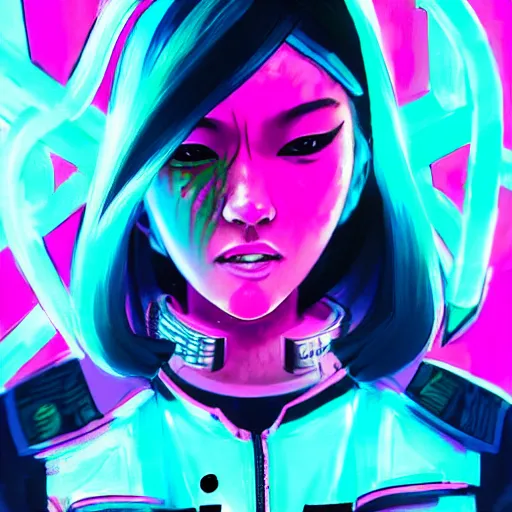Image similar to stylized japanese girl : ninja - cyberpunk, wearing urban techwear, neon lights and armor, painted in acrylic, in the colors hot pink and cyan, beautiful realistic face, spotlight, by greg rutkowski, by jeremy mann, by francoise nielly, by van gogh, by ross tran, in focus