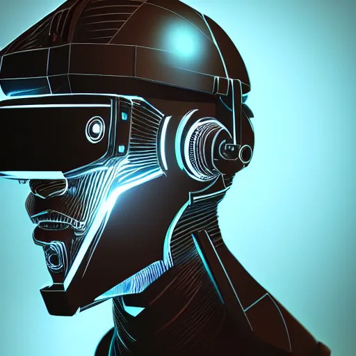 Image similar to retro vintage sci - fi, cyborg robot wearing vr headset, 3 d illutration, profile portrait, night, detailed, cyberpunk style, character, ai, detailed,