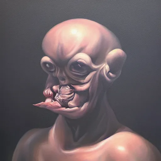 Prompt: oil painting black background extreme chiaroscuro by christian rex van minnen of a portrait of an extremely bizarre disturbing mutated man with proteus syndrome shiny bulbous tumor intense chiaroscuro lighting perfect composition