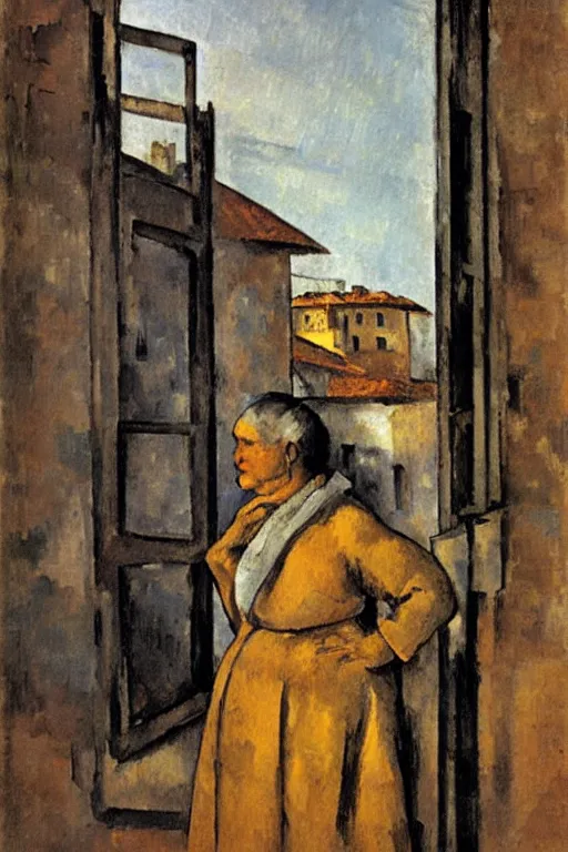 Image similar to an elderly and content italian woman leaning out of the window of an old building, smoking a cigarette, by paul cezanne, firenze, sunset, smooth, expressionist, gold
