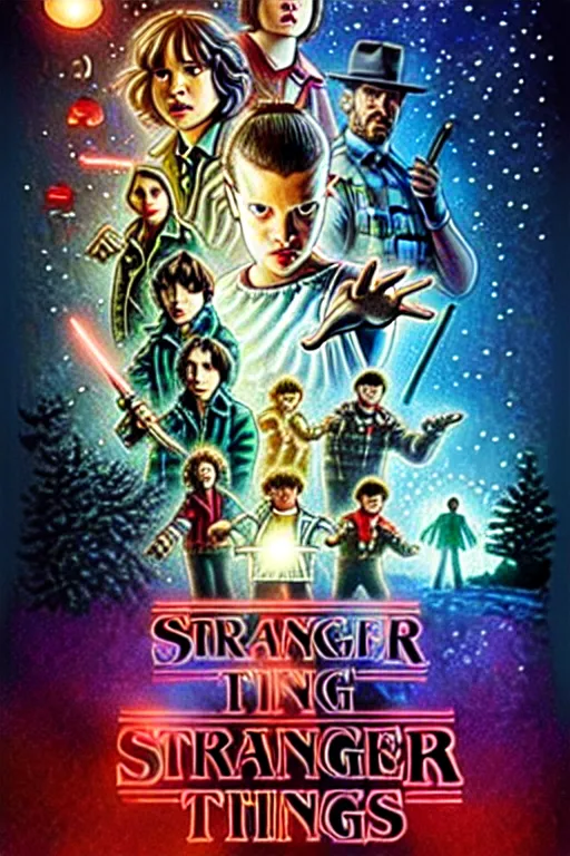 Image similar to Stranger Things Season poster with cast of Futurama, Matt Groening, high resolution, hyper detailed, intricate, photorealistic, all cast members, netfilx !n-9