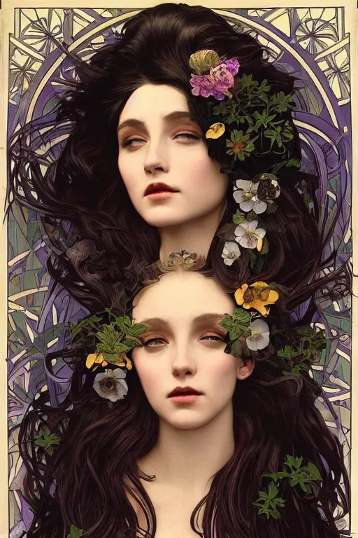 Image similar to a goddess of dark flowers!! hair in the wind! with a beautiful symmetrical face!!! cinematic lightning, murky dusty deep, smoky eyes, isolated, studio lighting by alphonse mucha and tom bagshaw