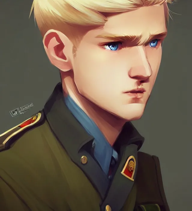 Image similar to character concept art of a cute young german boy with blond hair and bluish eyes, wearing a military uniform. lovely - fine - face, key visual, realistic shaded perfect face, fine details by rossdraws, james jean, andrei riabovitchev, marc simonetti, sakimichan, trending on artstation