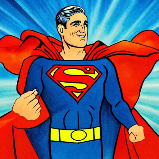 Image similar to robert mueller flying through the sky like superman, art deco painting by lisa frank