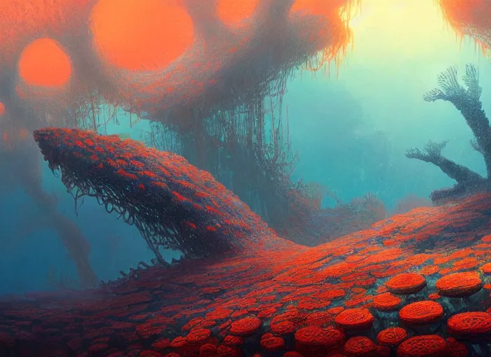 Prompt: a post - minimalism intricate complex landscape of a underwater coral paradise with very long legs vibrant color scheme, highly detailed, in the style of romanticism, cinematic, artstation, moebius, greg rutkowski