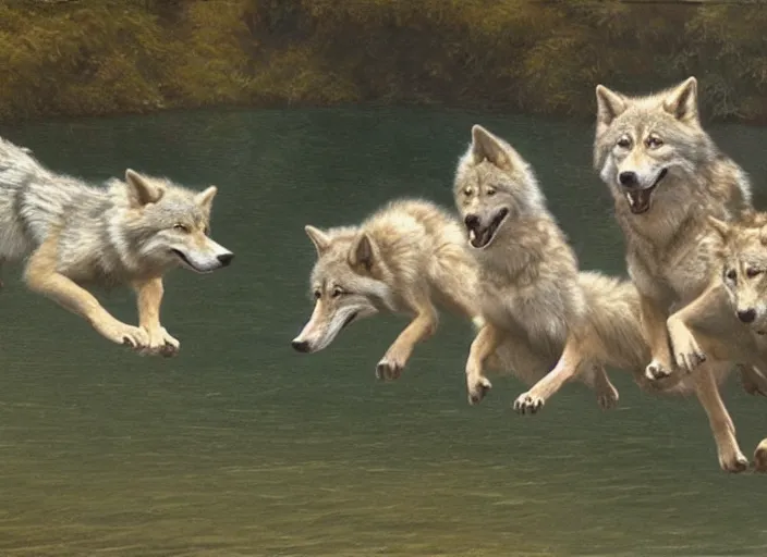 Image similar to a group of wild wolves jumping into a pool, oil painting by ralph maquarrie and james gurney, soft edges, subtle colours