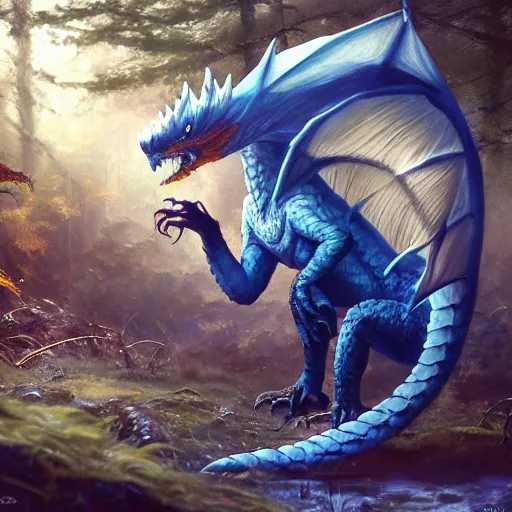 Image similar to oil painting of cute dragon in cold forest, dnd character, background focus, fantasy, lizard legs, magic, realistic textured skin, big lizard head, eagle feather, eagle wings, glowing eyes, clear clean, artgem, boris valejo, goro fujita, frank frazetta, trending on artstation, digital painting, beautiful, very detailed, pixar