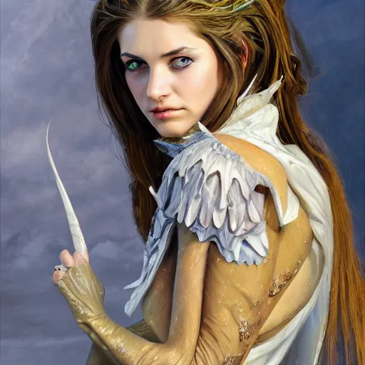 Image similar to high quality extremely detailed portrait of a young gorgeous female warlock looking away from the camera, detailed eyes, sparkle in eyes, no hands visible, fantasy, d & d, painting by lucian freud and mark brooks, hd