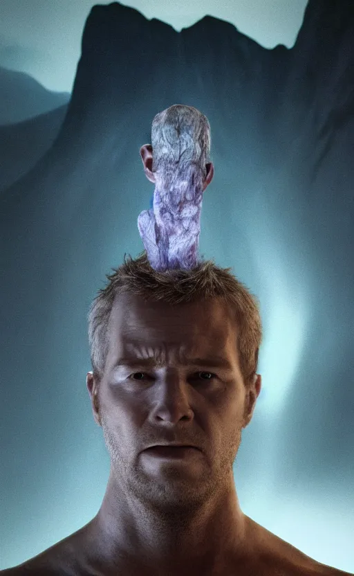 Prompt: extremely detailed cinematic movie still 3 0 7 7 portrait shot of a god of rainbow 2 5 years old white man hyperreal skin face at the mountain top by denis villeneuve, wayne barlowe, simon birch, marc simonetti, philippe druillet, beeple, bright volumetric sunlight from remote star, rich moody colors, closeup, bokeh