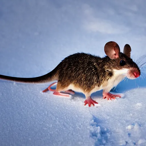 Image similar to mouse dino searching for food in the snow, macro shot, soft light of winter, award winning photo, national geographic,