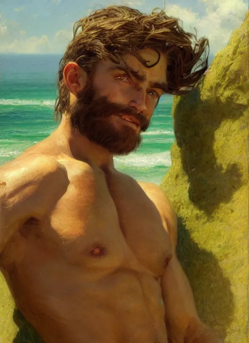 Image similar to detailed cinematic wide shot of muscular attractive young aztecc man beard slim face symmetrical face tanskin green eyes white hair wearing sea clothes, ultra realistic, spring light, painting by gaston bussiere, craig mullins, j. c. leyendecker