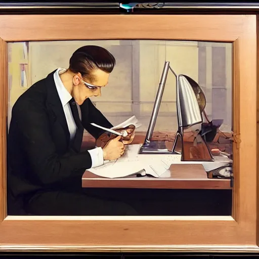 Image similar to man in desk with coffee and black suit by leyendecker and dean cornwell, 8 feet from the camera, 6 0 ´ s german design furniture