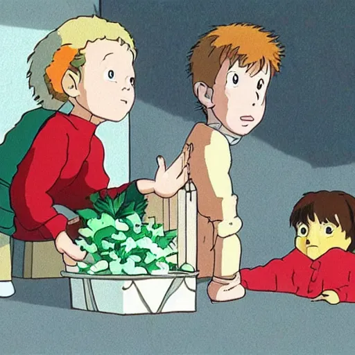 Image similar to still from home alone (1990) in studio ghibli style