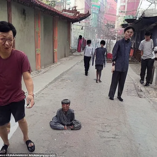 Prompt: Chinese middle-aged man takes photo of Indian men pooping on street
