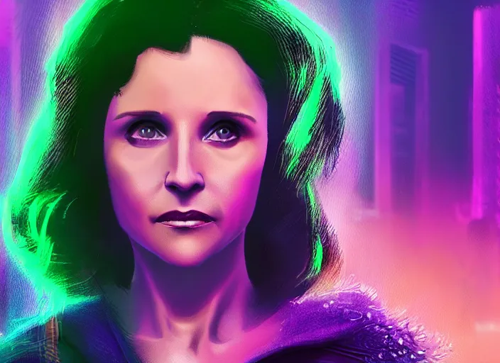 Image similar to beautiful Julia Louis-Dreyfus, blade runner 2049, long flowing hair, trending on artstation, unreal engine, purple neon, green rain, matte painting