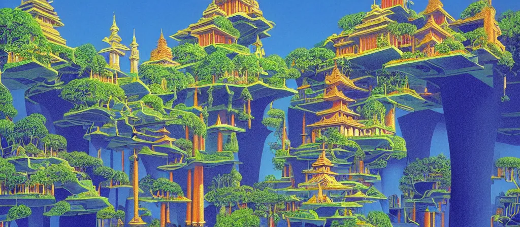 Prompt: huge gargantuan angular dimension of pagoda liminal spaces, temples by escher and ricardo bofill. utopian singaporean landscape by roger dean. magical realism, royal blue surrealism, lush sakura trees, waterfalls, thunder, lightning, cyberpunk, shot from below, epic scale
