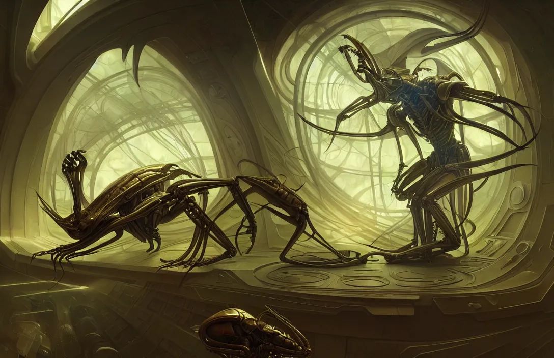 Image similar to interior of an evil alien insectoid spaceship, heroic lighting, sci-fi, intricate, elegant, highly detailed, lifelike, photorealistic, digital painting, artstation, illustration, concept art, smooth, sharp focus, art by John Collier and Albert Aublet and Krenz Cushart and Artem Demura and Alphonse Mucha