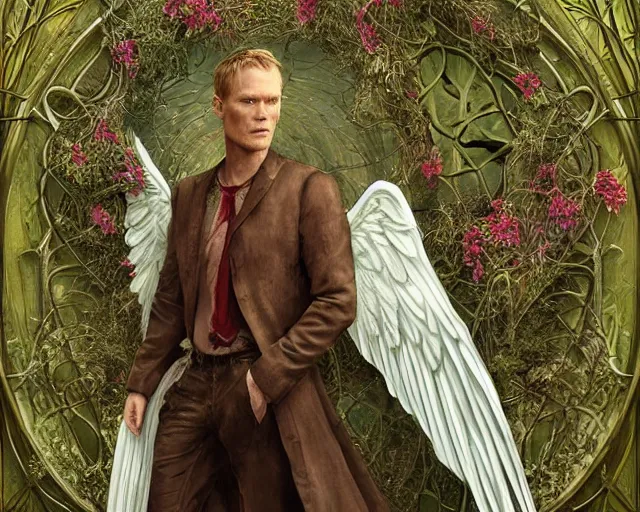 Image similar to paul bettany as angel with wings is covered in vines and flowers and moss and standing in front of a beautiful cottage, a digital painting by thomas canty and thomas kincade and ross tran, art nouveau, atmospheric lighting, trending on artstation