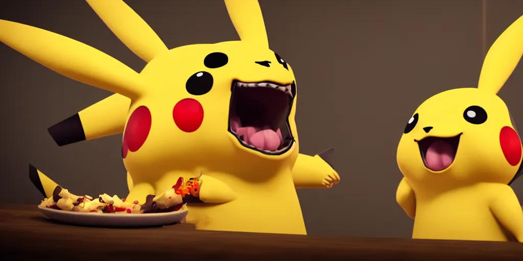 Image similar to pikachu devouring and eating and killing a dog sharp teeth burtal eyes scary mouth dark room red candles trash bin octane unreal engine render 8k photorealistic extreme detail textured