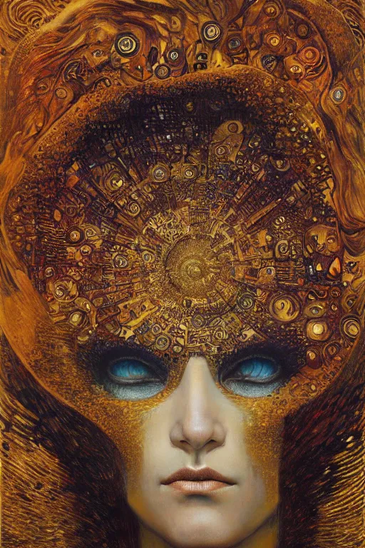 Image similar to Visions of Hell by Karol Bak, Jean Deville, Gustav Klimt, and Vincent Van Gogh, visionary, otherworldly, fractal structures, ornate gilded medieval icon, third eye, spirals