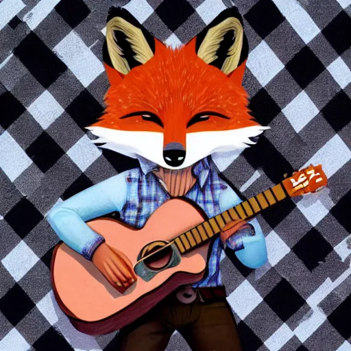 Image similar to a female fluffy anthropomorphic fox animal, head of fox, wearing cowboy hat, wearing plaid shirt, playing guitar, in a field, barn in background, album cover style