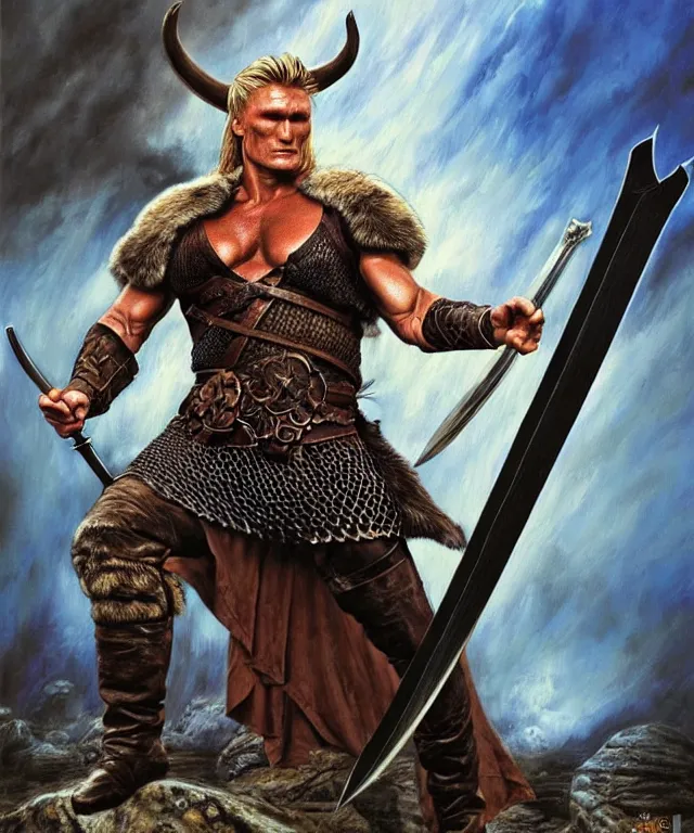 Image similar to a ( fantasy comic ) ( cover art ) portrait of ( dolph lundgren ) as a ( viking warlord ) pointing his sword at the viewer, oil painting by charles moll and don maitz and serhiy krykun and artgerm, photorealistic, d & d, highly detailed!, hd, 4 k, trending on artstation