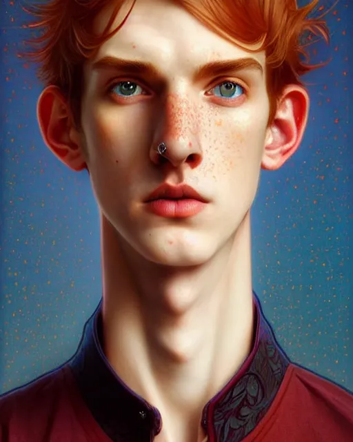 Image similar to symmetry!! portrait of tall, thin, 1 5 - year - old boy with a long nose, a lot of freckles, fiery red hair, and bright blue eyes, fantasy, intricate, highly detailed, digital painting, artstation, concept art, smooth, sharp focus, illustration, art by artgerm and greg rutkowski and alphonse mucha