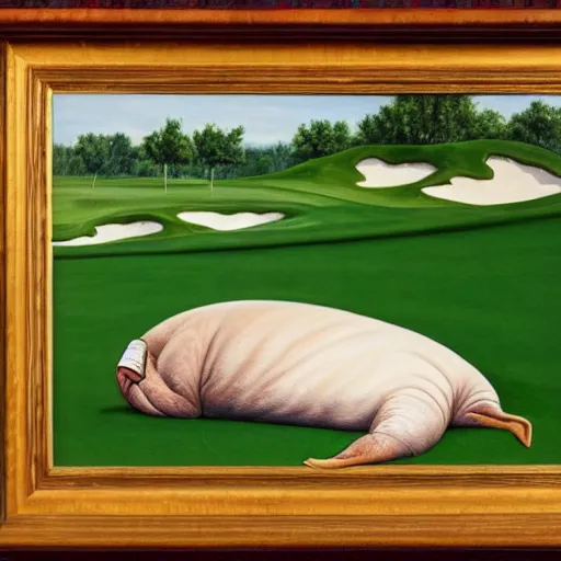 Image similar to a painting of a walrus lying on a golf course,