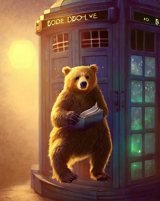 Prompt: anthropomorphic art of a detective bear inside tardis, victorian inspired clothing by artgerm, victo ngai, ryohei hase, artstation. fractal papersand books. highly detailed digital painting, smooth, global illumination, fantasy art by greg rutkowsky, karl spitzweg