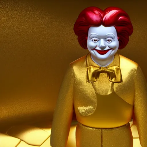 Image similar to a still of ronald mcdonald surrounded by gold and diamonds, award - winning, photograph, 3 d render, unreal engine, 4 k detailed