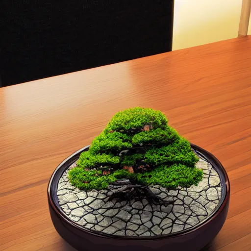 Image similar to bonsai on a elegant ebene table in room with window viewing japanese montains from hill, anatomic description, gems, gold, 8 k, details, studio lighting, realism, complex lights