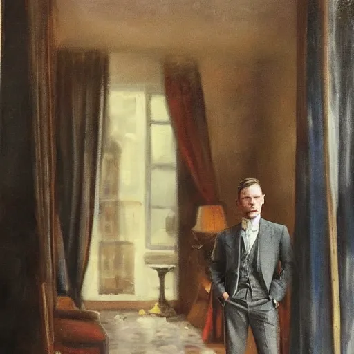 Prompt: we see ewan mcgregor from side. he is dressed as a gentleman at early 2 0 th century paris. atmospheric feeling, warm colours, brown colours, yellow colours, epic scene, cinematic, very detailed, oil painting