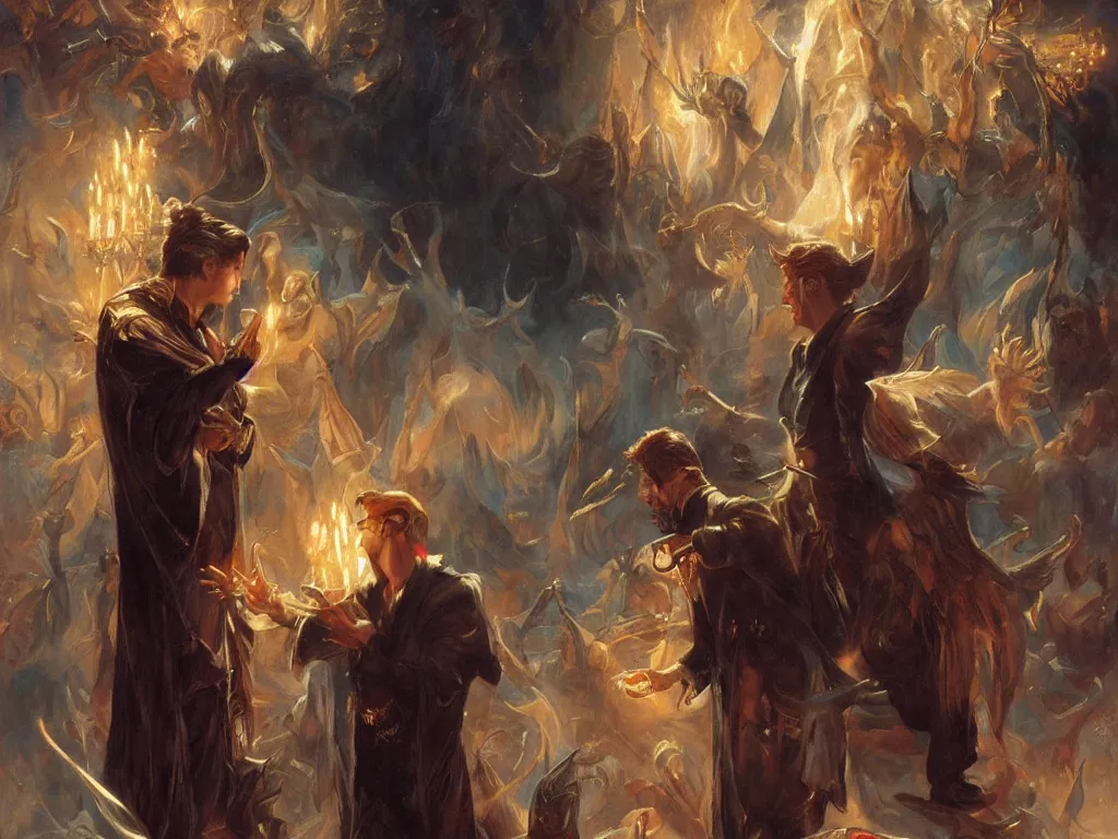 Image similar to attractive magician casts dark spell, summoning attractive lucifer morningstar. highly detailed painting by gaston bussiere, craig mullins, j. c. leyendecker 8 k