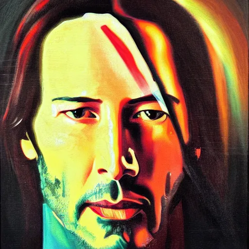 Prompt: A painting of Keanu Reeves in the style of Raoul Hausmann