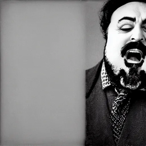 Image similar to black and white photo, portrait of Luciano Pavarotti by richard avedon, realistic, Leica, medium format, cinematic lighting, parallax, high resolution,