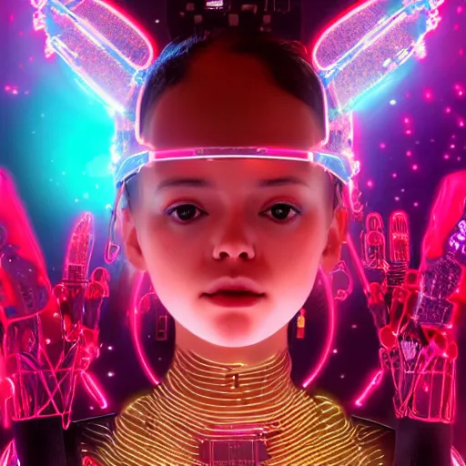 Image similar to a kawaii puerto rican goddess staring through the mothership of your souls, wearing a headpiece made of circuit boards and empathy machines, by alastair reynolds, ilya kuvshinov and stanley kubrick, pink, trending on artstation, cinematic, 3 d render, photorealistic