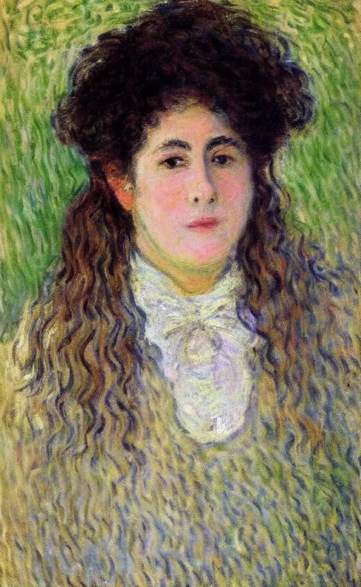 Image similar to claude monet! portrait, lady!! looking at us! brown fuzzy hair!